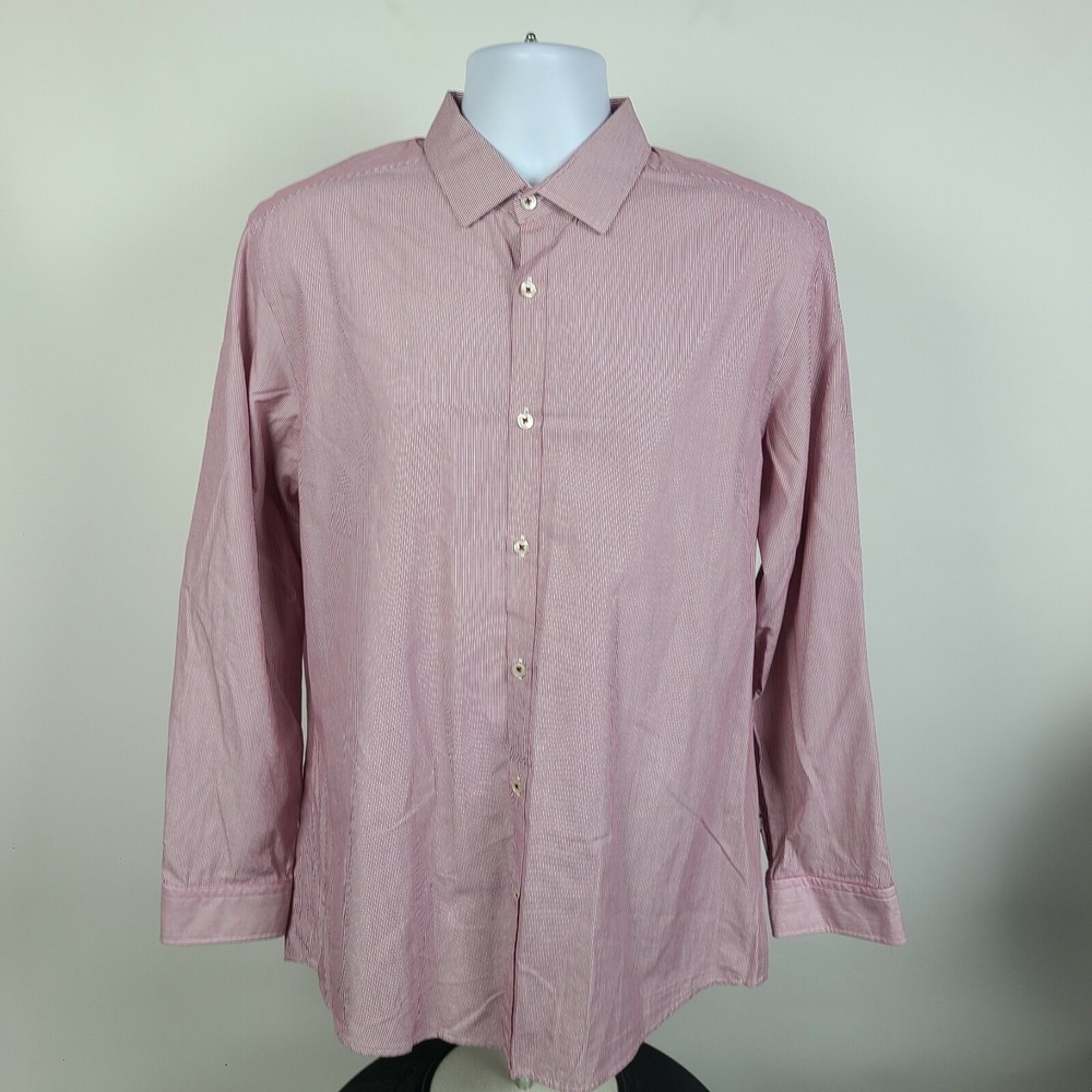 Boss Hugo Boss Dress Shirt Mens Large Regular Fit Red Striped‎ Soft Cotton